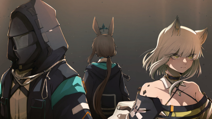 1other 2girls absurdres ambiguous_gender amiya_(arknights) animal_ear_fluff animal_ears arknights black_coat black_jacket blue_collar breasts brown_hair cat_ears coat collar crown detached_collar doctor_(arknights) dress extra_ears facing_away green_dress green_eyes green_hair grey_background highres hood hood_down hood_up hooded_coat hooded_jacket if_f jacket jewelry kal'tsit_(arknights) mask multiple_girls necklace off-shoulder_dress off_shoulder oripathy_lesion_(arknights) ponytail rabbit_ears short_hair simple_background small_breasts upper_body white_collar
