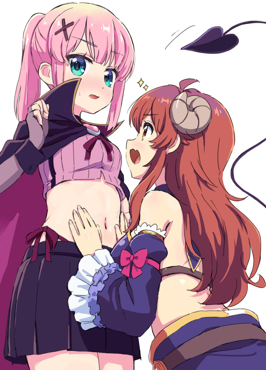 2girls aqua_eyes bare_shoulders black_skirt blush breasts brooch cape chiyoda_momo crop_top demon_girl demon_horns demon_tail detached_sleeves fang fingerless_gloves frilled_sleeves frills gloves hair_ornament hairclip hand_on_another's_stomach heart_brooch highres horns jewelry large_breasts looking_at_another looking_at_viewer machikado_mazoku midriff multiple_girls navel open_mouth pink_hair redhead simple_background skirt small_breasts sparkle sweat tail tibaridooor white_background wrist_cuffs yoshida_yuuko_(machikado_mazoku) yuri