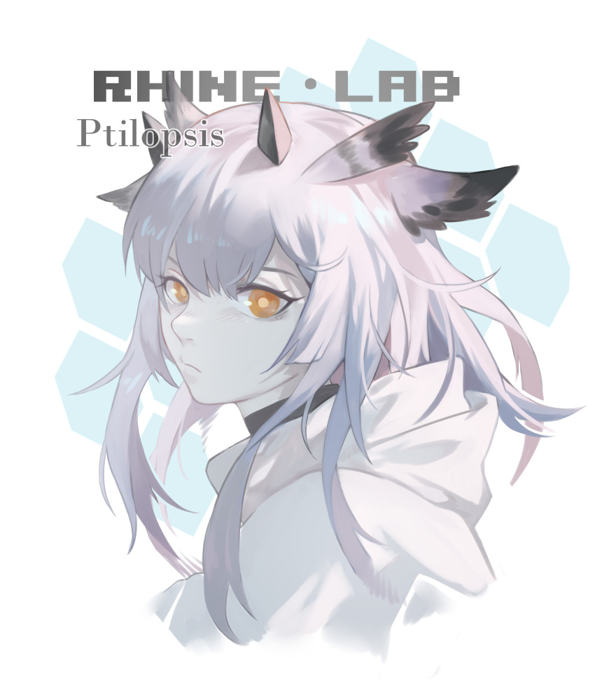 1girl absurdres arknights bright_pupils character_name coat highres honeycomb_(pattern) honeycomb_background looking_to_the_side narakuuu nose orange_eyes owl_ears patterned_background portrait pouty_lips ptilopsis_(arknights) rhine_lab_(arknights) simple_background solo white_coat white_hair