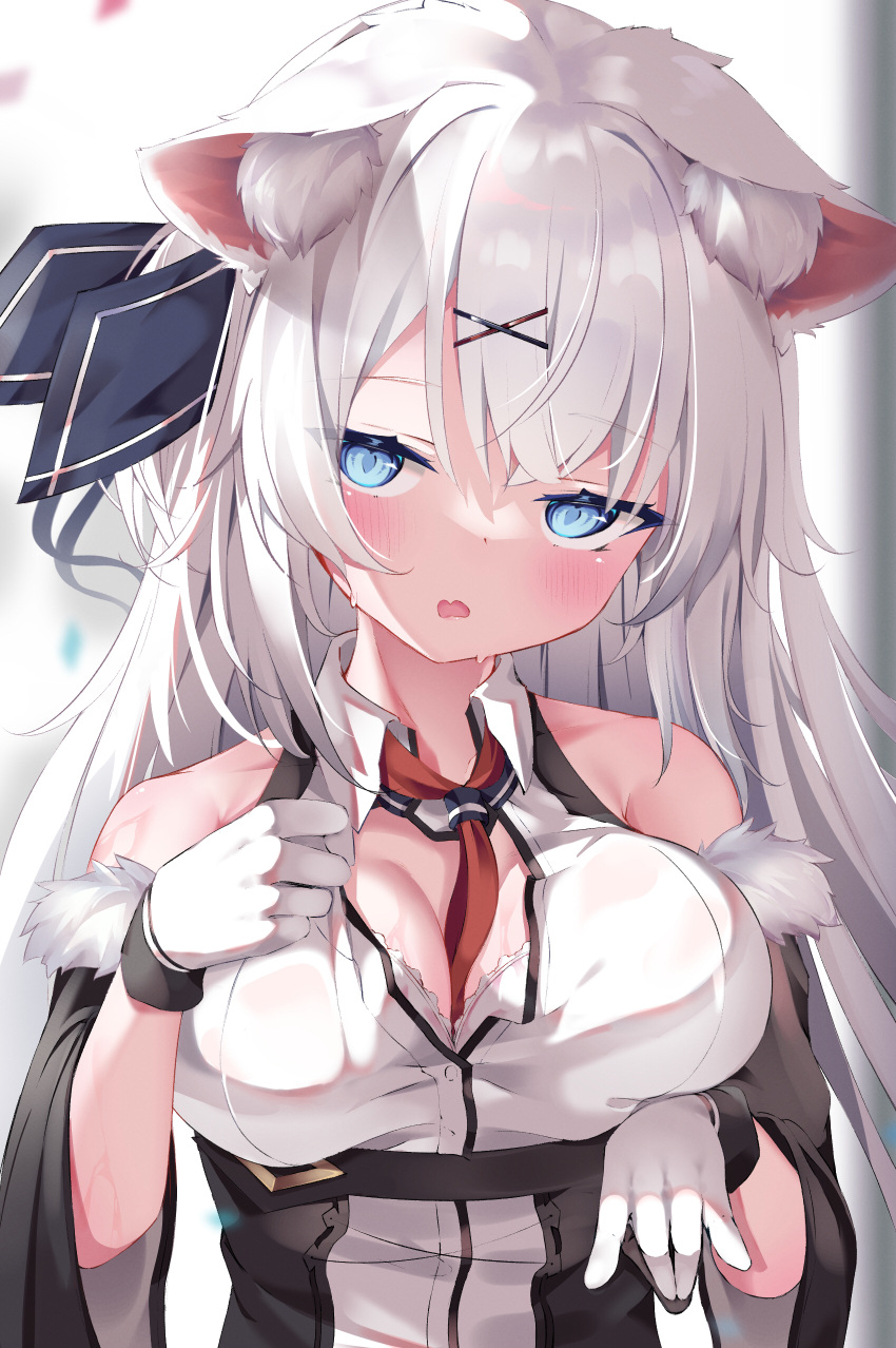 1girl absurdres animal_ear_fluff animal_ears bangs bare_shoulders between_breasts blue_eyes blue_ribbon blush breasts detached_sleeves eyebrows_visible_through_hair fur-trimmed_sleeves fur_trim gloves hair_ornament hair_ribbon highres konotuki large_breasts long_hair long_sleeves looking_at_viewer necktie necktie_between_breasts one_side_up original parted_lips red_necktie ribbon shirt sleeveless sleeveless_shirt solo sweat upper_body white_gloves white_hair white_shirt x_hair_ornament