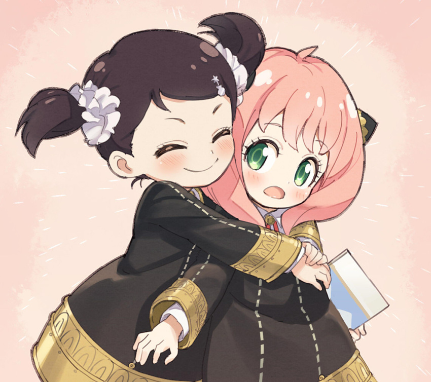 2girls ahoge anya_(spy_x_family) becky_blackbell black_dress black_hair blush book child closed_eyes commentary_request cone_hair_bun dress eden_academy_uniform green_eyes hair_ornament hairclip hairpods holding holding_book hug hug_from_behind multiple_girls neck_ribbon pink_hair red_ribbon ribbon sakino_shingetsu scrunchie smile spy_x_family twintails