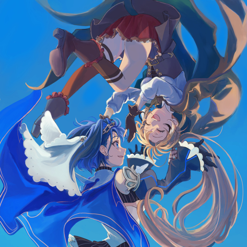 2girls asymmetrical_legwear belt blue_background blue_eyes blue_hair boots brown_capelet brown_cloak brown_corset cape capelet cloak closed_eyes corset detached_sleeves feather_hair_ornament feathers floating gloves hair_ornament head_chain headdress highres hololive hololive_english kisuu_(oddnumberr_) knee_strap kneehighs laughing long_hair multiple_girls nanashi_mumei ouro_kronii partially_fingerless_gloves pinstripe_pattern pleated_skirt ponytail red_skirt ribbon ribbon_earrings shirt short_hair single_kneehigh single_thighhigh skirt striped thigh-highs thigh_strap turtleneck upside-down very_long_hair virtual_youtuber white_shirt
