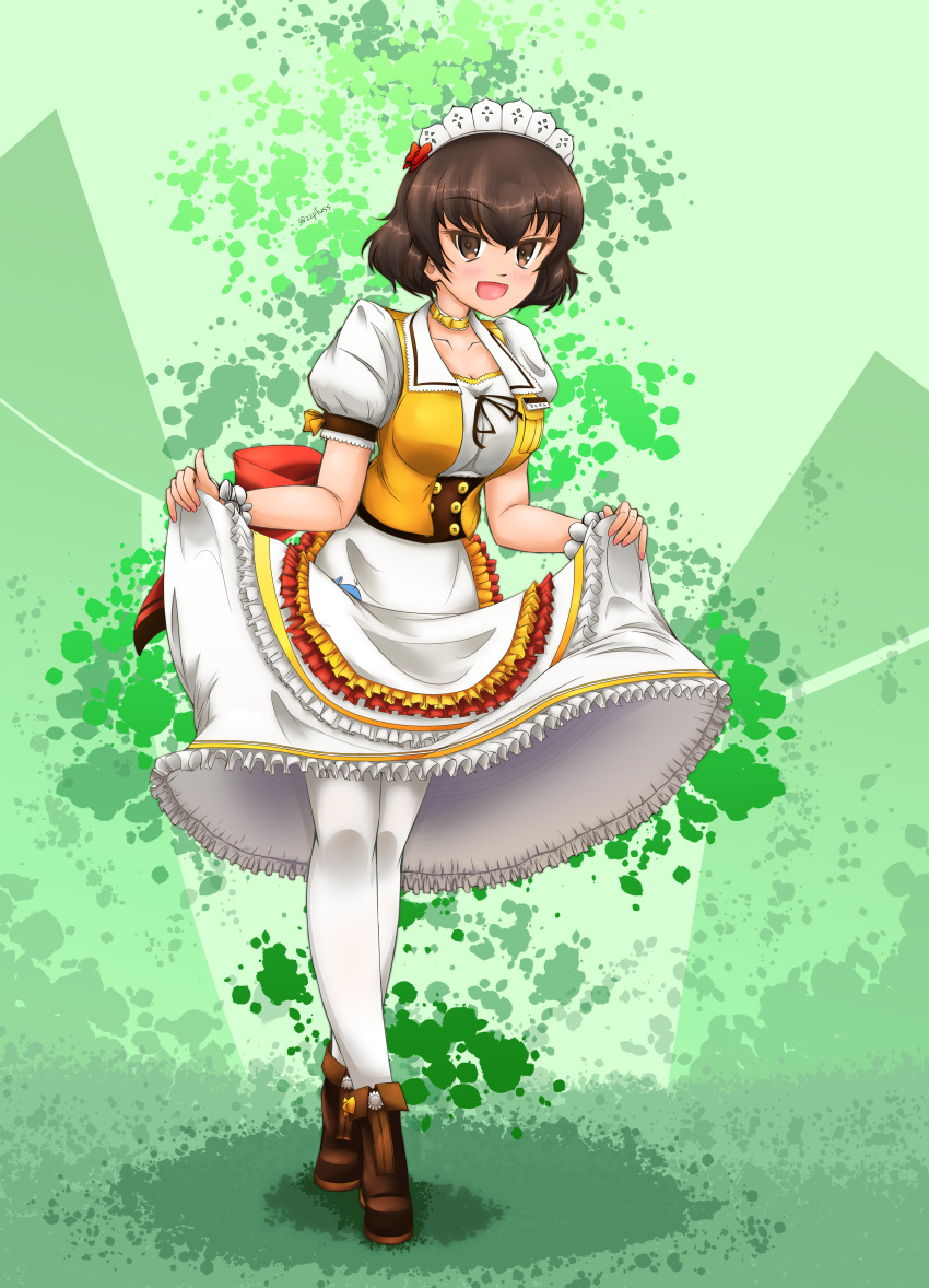 1girl absurdres ankle_boots apron back_bow bangs boots bow brown_eyes brown_footwear brown_hair caesar_(girls_und_panzer) choker coco's commentary_request cropped_jacket curtsey dress eyebrows_visible_through_hair frilled_apron frills full_body girls_und_panzer green_background highres jacket large_bow looking_at_viewer maid_headdress medium_dress name_tag official_alternate_costume open_mouth pantyhose partial_commentary puffy_short_sleeves puffy_sleeves red_bow short_hair short_sleeves skirt_hold smile solo standing waist_apron white_legwear yellow_choker yellow_jacket zetto-plus
