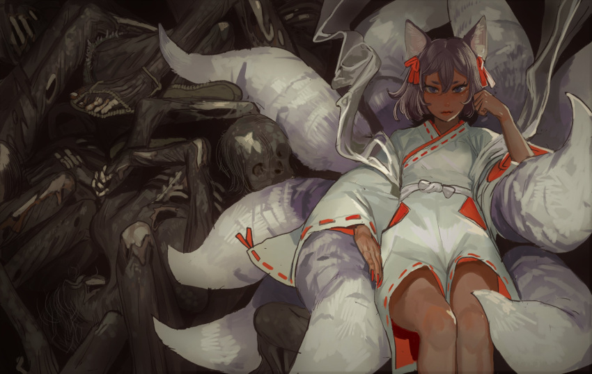 1girl animal_ears blue_eyes closed_mouth commission corpse dark-skinned_female dark_skin death fingernails fox_ears fox_tail grey_hair hair_ribbon hand_up highres long_fingernails long_sleeves looking_at_viewer medium_hair mossacannibalis multiple_tails nail_polish original pile_of_corpses red_nails red_ribbon ribbon solo tail