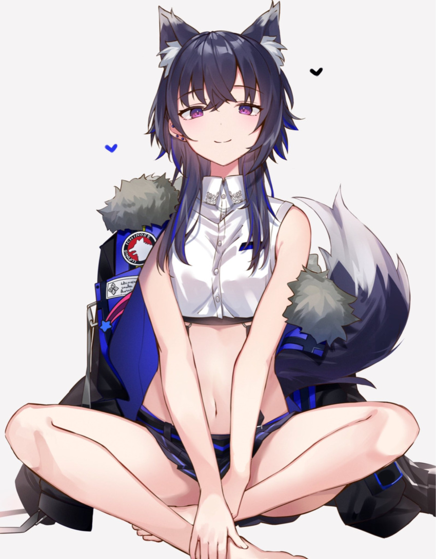 1girl animal_ear_fluff animal_ears bangs barefoot belt black_hair black_jacket blue_skirt breasts buttons closed_mouth collared_shirt crop_top ear_piercing extra_ears fox_ears fox_girl fox_tail fur-trimmed_jacket fur_trim grey_background heart highres hikari_yui ichinose_uruha indian_style jacket kemonomimi_mode long_hair lupinus_virtual_games midriff miniskirt navel piercing shirt simple_background sitting skirt sleeveless sleeveless_shirt small_breasts smile solo tail v_arms violet_eyes virtual_youtuber vspo! white_shirt