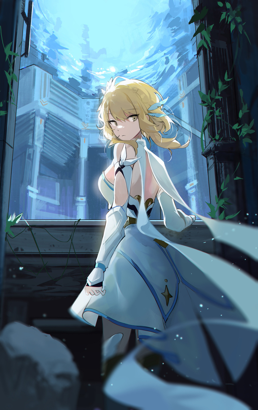 1girl backless_dress backless_outfit bangs blonde_hair closed_mouth detached_sleeves dress eyebrows_visible_through_hair from_behind genshin_impact highres looking_back lumine_(genshin_impact) retty2706 sidelocks solo standing white_dress window yellow_eyes