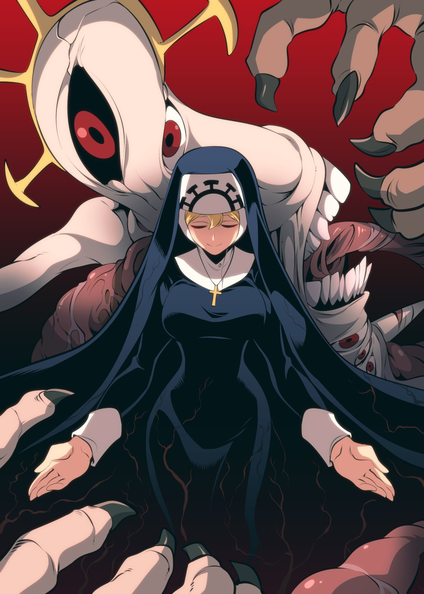 1girl absurdres black_dress black_nails blonde_hair breasts closed_eyes double_(skullgirls) dress eldritch_abomination fingernails habit halo highres ishiyumi large_breasts nun open_hand open_hands red_background red_eyes sharp_fingernails skullgirls smile tongue tongue_out