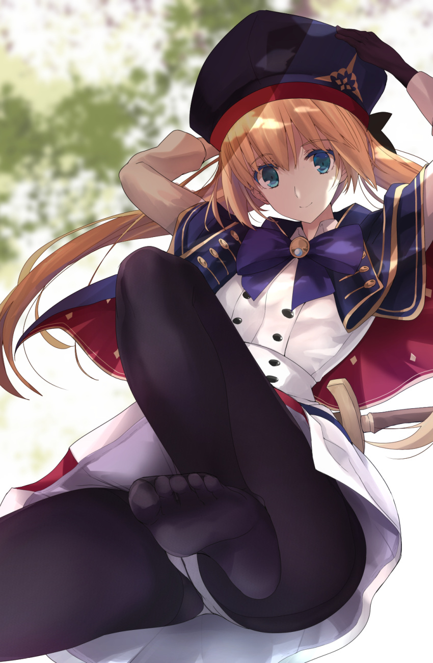 1girl artoria_caster_(fate) artoria_caster_(second_ascension)_(fate) artoria_pendragon_(fate) bangs blue_eyes closed_mouth crotch_seam eyebrows_visible_through_hair fate/grand_order fate_(series) feet full_body gloves hair_between_eyes hair_ornament highres lingerie long_hair long_sleeves looking_at_viewer no_shoes panties panties_under_pantyhose pantyhose rikudou_inuhiko shirt simple_background skirt smile soles solo thighband_pantyhose underwear white_background white_panties