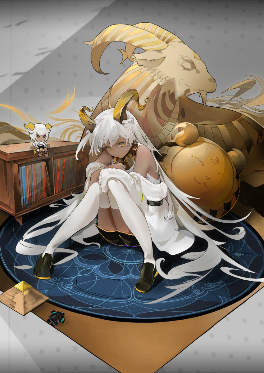 1girl absurdres animal_ears arknights bangs beeswax_(arknights) black_footwear black_shorts cardigan carnelian_(arknights) chinese_commentary commentary_request dark-skinned_female dark_skin doctor_(arknights) doll eaersl eyebrows_visible_through_hair full_body goat_ears goat_girl goat_horns gold_horns grey_hair highres horns hugging_own_legs long_hair long_sleeves looking_down on_floor open_cardigan open_clothes parted_lips shirt short_shorts short_sleeves shorts sitting sleeveless sleeveless_shirt solo thigh-highs very_long_hair white_cardigan white_legwear yellow_eyes