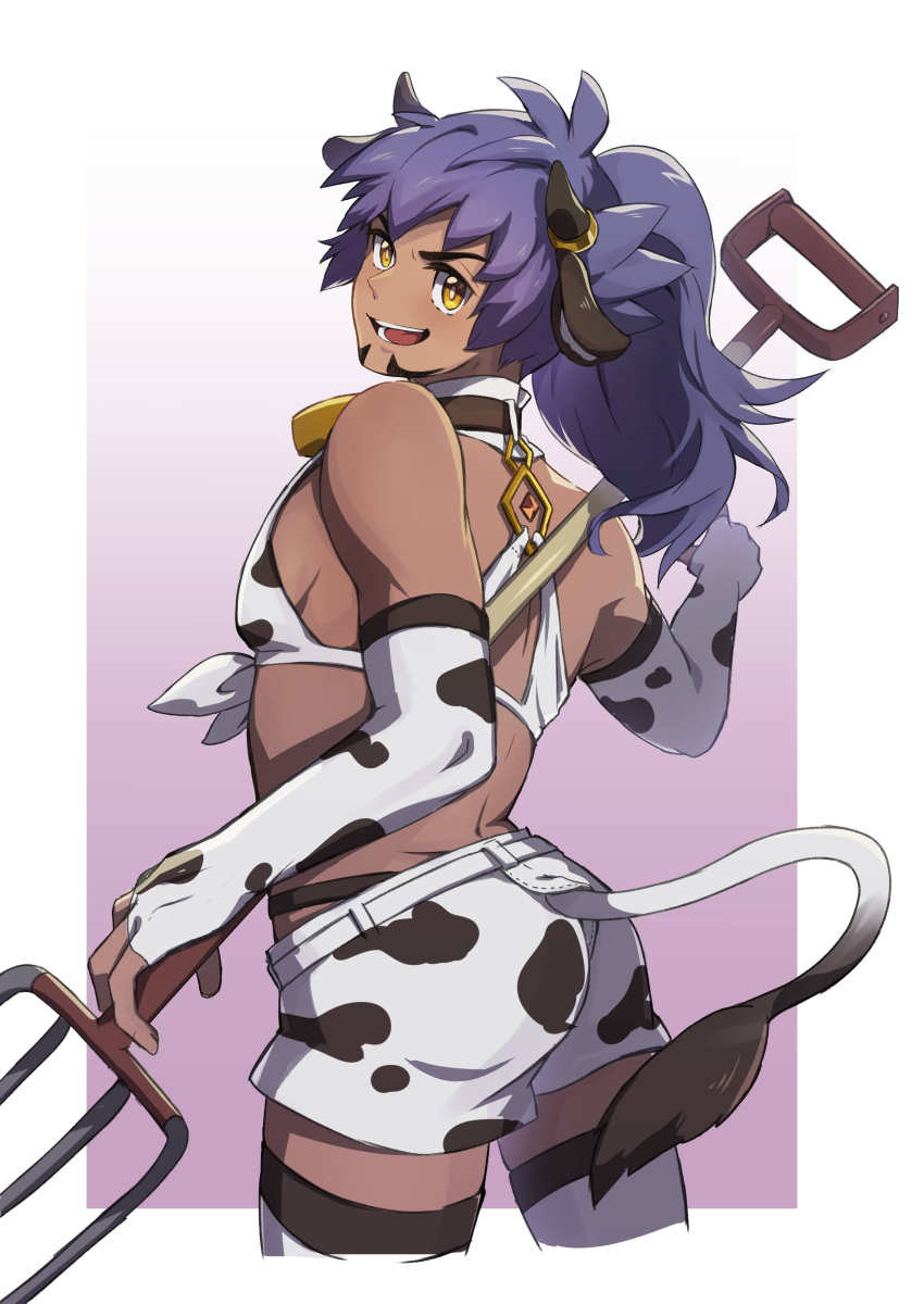 1boy :d absurdres alternate_costume animal_print bangs bright_pupils buckle collar commentary_request cow_boy cow_horns cow_print cow_tail cowboy_shot dark-skinned_male dark_skin elbow_gloves fingerless_gloves gloves highres holding horns leon_(pokemon) long_hair male_focus open_mouth pitchfork pokemon pokemon_(game) pokemon_swsh ponytail purple_hair short_shorts shorts smile solo tail teeth thigh-highs tongue white_gloves white_legwear white_pupils white_shorts yellow_eyes yunoru