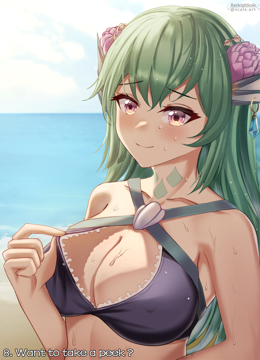 1girl absurdres bangs bare_shoulders beach bikini bikini_tug blush breasts collarbone eyebrows_visible_through_hair fin_piercing finana_ryugu flower green_hair hair_between_eyes hair_flower hair_ornament head_fins highres lazulight looking_at_viewer medium_breasts multicolored_eyes neck_tattoo nervous_smile nijisanji nijisanji_en ocean rayleigh_scale signature sky smile summer sweat swimsuit tattoo virtual_youtuber