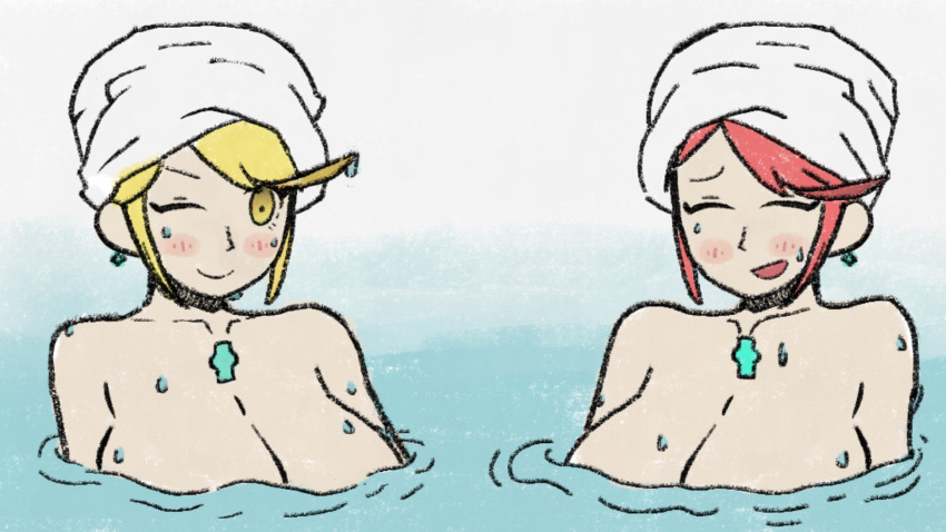 2girls bangs bare_arms bare_shoulders blonde_hair blush breasts chest_jewel closed_eyes earrings hair_up highres jewelry large_breasts multiple_girls mythra_(xenoblade) one_eye_closed onsen pyra_(xenoblade) red_eyes redhead swept_bangs towel towel_on_head user_fhsd5457 water xenoblade_chronicles_(series) xenoblade_chronicles_2 yellow_eyes