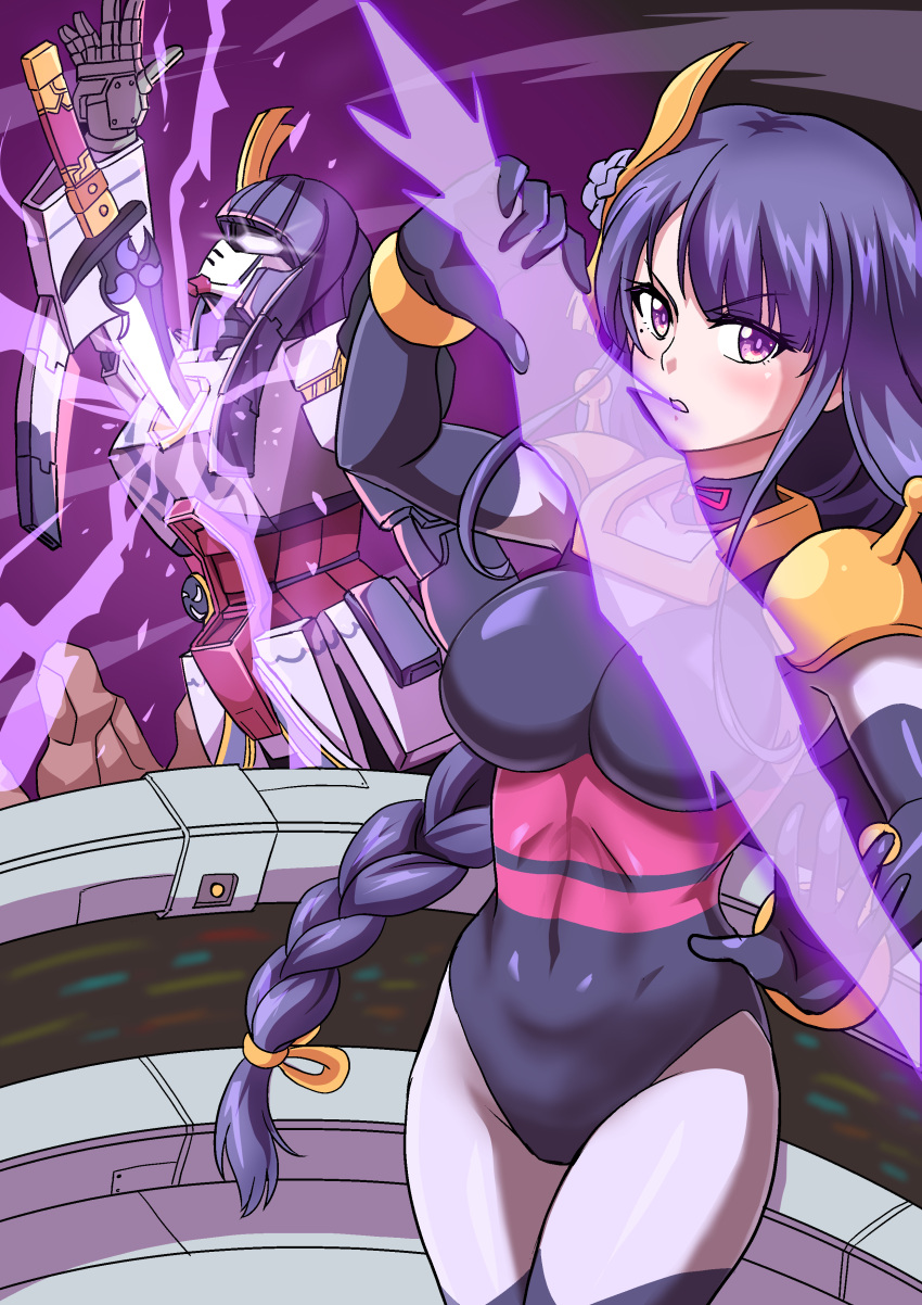 1girl absurdres alternate_costume atawatsho bangs black_gloves black_leotard blunt_bangs bow cockpit commentary elbow_gloves english_commentary eyebrows_visible_through_hair g_gundam genshin_impact gloves gundam hair_bow hair_ribbon highres holding holding_weapon katana leotard long_hair looking_at_viewer low-tied_long_hair low_ponytail mechanization parody parted_lips purple_hair raiden_shogun ribbon sidelocks solo sword v-shaped_eyebrows violet_eyes weapon