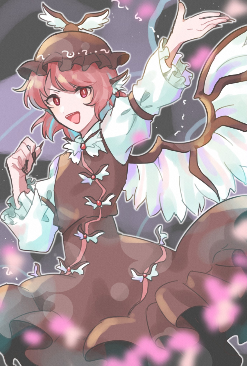 1girl animal_ears arm_up bird_ears bird_wings blush brown_dress brown_headwear brown_nails cyclo_496 dress fingernails frilled_sleeves frills highres long_fingernails long_sleeves mystia_lorelei nail_polish open_mouth pink_eyes pink_hair sharp_fingernails short_hair smile solo touhou white_wings winged_hat wings