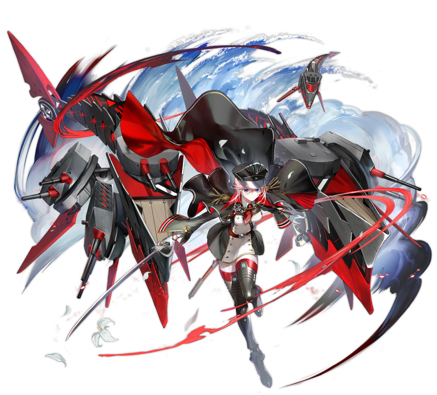 1girl azur_lane black_headwear black_legwear blue_eyes closed_mouth gloves hat highres holding holding_sword holding_weapon hou_(ppo) looking_at_viewer military military_uniform official_art pink_hair rigging seydlitz_(azur_lane) sword thigh-highs transparent_background turret uniform weapon white_gloves