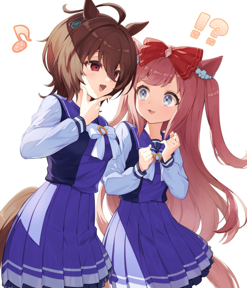 !? 2girls agnes_digital_(umamusume) agnes_tachyon_(umamusume) animal_ears blue_eyes bow breasts brown_hair commentary_request hair_bow highres horse_ears horse_tail long_hair medium_breasts medium_hair multiple_girls nu_tarou_(tr84635391) open_mouth pink_hair school_uniform simple_background tail tracen_school_uniform umamusume white_background