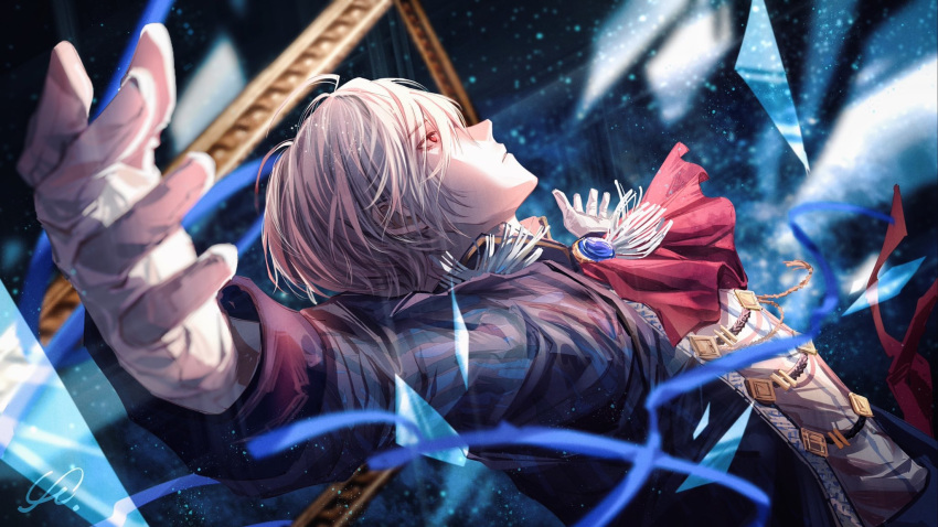 1boy ascot blurry brooch commentary depth_of_field diabolik_lovers dutch_angle emalfire0312 eyebrows_visible_through_hair foreshortening formal from_side gloves highres jacket jewelry open_clothes open_hands open_jacket outstretched_arms parted_lips profile red_ascot red_eyes sakamaki_subaru shattered short_hair signature solo spread_arms white_gloves white_hair