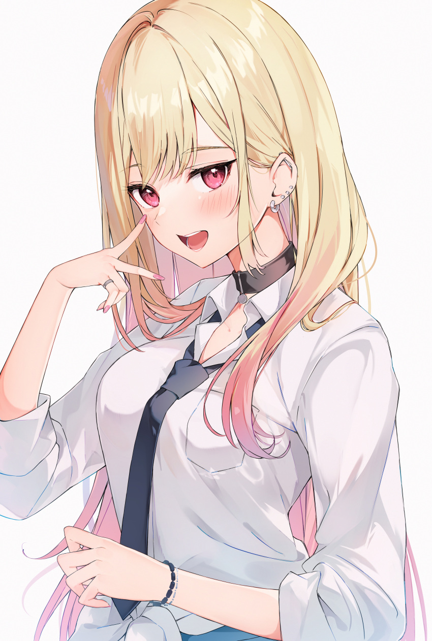 1girl :d absurdres auui bangs black_necktie blonde_hair blush breasts collared_shirt commentary_request ear_piercing earrings eyebrows_visible_through_hair grey_background highres jewelry kitagawa_marin long_hair long_sleeves looking_at_viewer medium_breasts nail_polish necktie piercing pink_nails red_eyes ring shirt simple_background smile solo sono_bisque_doll_wa_koi_wo_suru upper_body very_long_hair white_shirt
