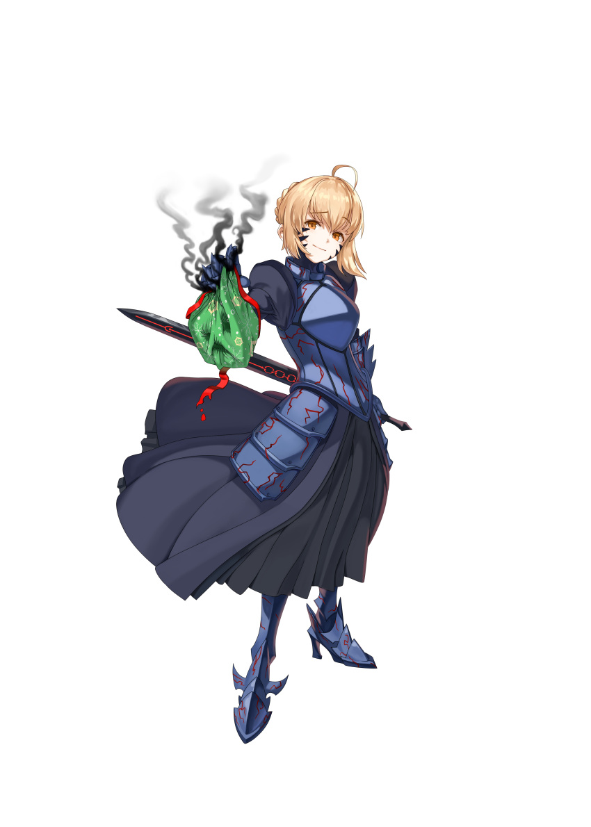 1girl absurdres ahoge armor armored_dress artoria_pendragon_(fate) bangs black_dress blonde_hair braid character_request dress eyebrows_visible_through_hair fate/grand_order fate_(series) french_braid full_body gauntlets gift high_heels highres holding holding_gift luts orange_hair puffy_sleeves saber simple_background smile smoke solo standing sword weapon white_background