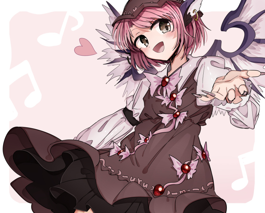 1girl animal_ears asuku_(69-1-31) beamed_eighth_notes beamed_sixteenth_notes bird_ears bird_wings blush brown_dress brown_eyes brown_headwear cowboy_shot dress earrings eighth_note fingernails frilled_dress frills heart highres jewelry juliet_sleeves long_fingernails long_sleeves musical_note mystia_lorelei nail_polish open_mouth pink_hair puffy_sleeves purple_nails sharp_fingernails short_hair smile solo touhou white_wings winged_hat wings