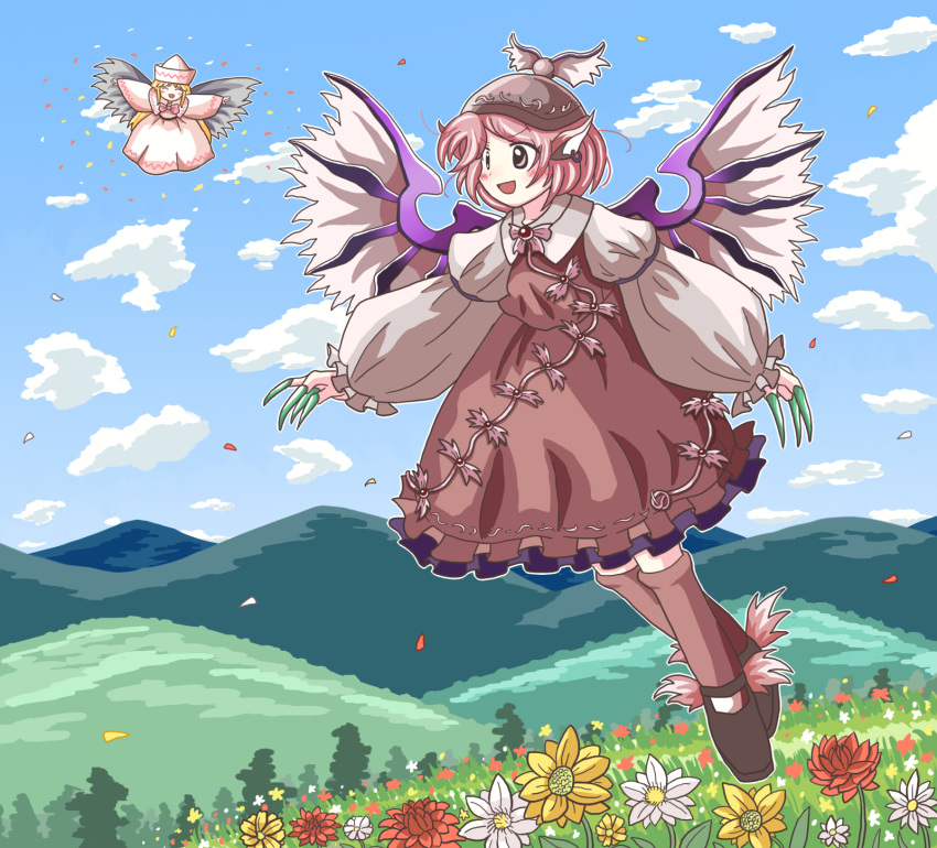 2girls animal_ears bird_ears bird_wings black_footwear blonde_hair blush brown_dress brown_headwear brown_legwear dress earrings eyebrows_visible_through_hair fairy fairy_wings fingernails flower frilled_sleeves frills green_nails highres jewelry juliet_sleeves kiroguramu kneehighs lily_white long_fingernails long_hair long_sleeves multiple_girls mystia_lorelei nail_polish open_mouth outstretched_arms pink_eyes pink_hair puffy_sleeves red_flower sharp_fingernails shoes short_hair single_earring smile spread_arms touhou white_dress white_flower white_headwear white_wings winged_hat wings yellow_flower