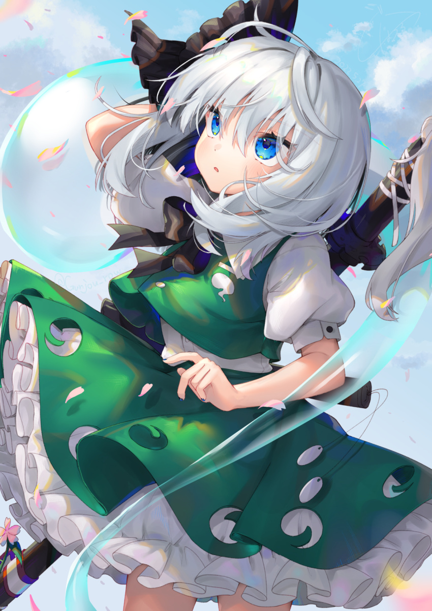 1girl ahoge arm_up bangs black_bow black_bowtie black_ribbon blue_eyes blue_nails blue_sky bob_cut bow bowtie clothing_cutout clouds collared_shirt commentary_request cowboy_shot dated flower frills gathers green_skirt green_vest gunjou_row hair_between_eyes hair_ribbon highres hitodama hitodama_print katana konpaku_youmu konpaku_youmu_(ghost) long_bangs medium_hair nail_polish outdoors parted_lips petals petticoat pink_flower puffy_short_sleeves puffy_sleeves ribbon scabbard sheath sheathed shirt short_sleeves sidelocks signature skirt skirt_set sky solo sword tassel touhou vest wakizashi weapon weapon_on_back white_hair white_shirt wind