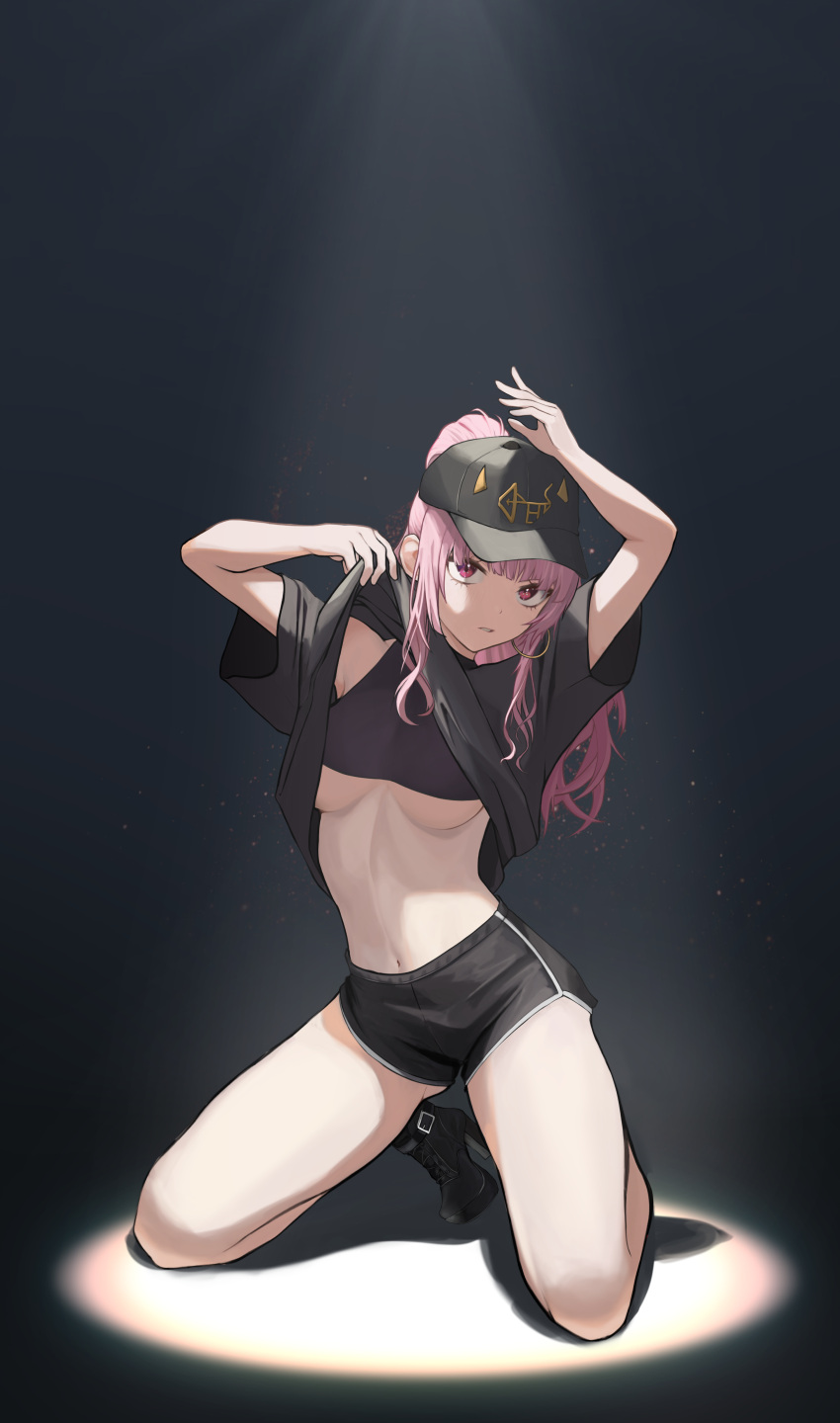 1girl absurdres arms_up ass_visible_through_thighs baseball_cap black_footwear black_headwear black_shirt black_shorts boots breasts clothes_lift crop_top dolphin_shorts earrings hat high_heel_boots high_heels highres hololive hololive_english hoop_earrings jewelry kneeling lifted_by_self long_hair looking_at_viewer medium_breasts midriff mori_calliope navel parted_lips pink_hair ponytail red_eyes shirt shirt_lift short_shorts short_sleeves shorts sleeveless sleeveless_shirt solo soriham stomach thighs under_boob undershirt virtual_youtuber
