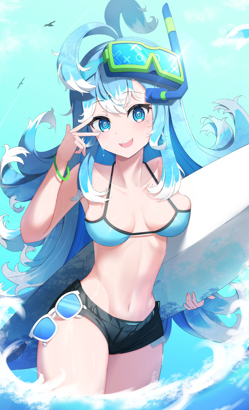 1girl absurdres alternate_costume blue_eyes blue_hair breasts collarbone glasses goggles goggles_on_head highres hololive hololive_indonesia kobo_kanaeru long_hair looking_at_viewer medium_breasts navel ocean open_mouth shorts sky solo swimsuit three_twosix virtual_youtuber