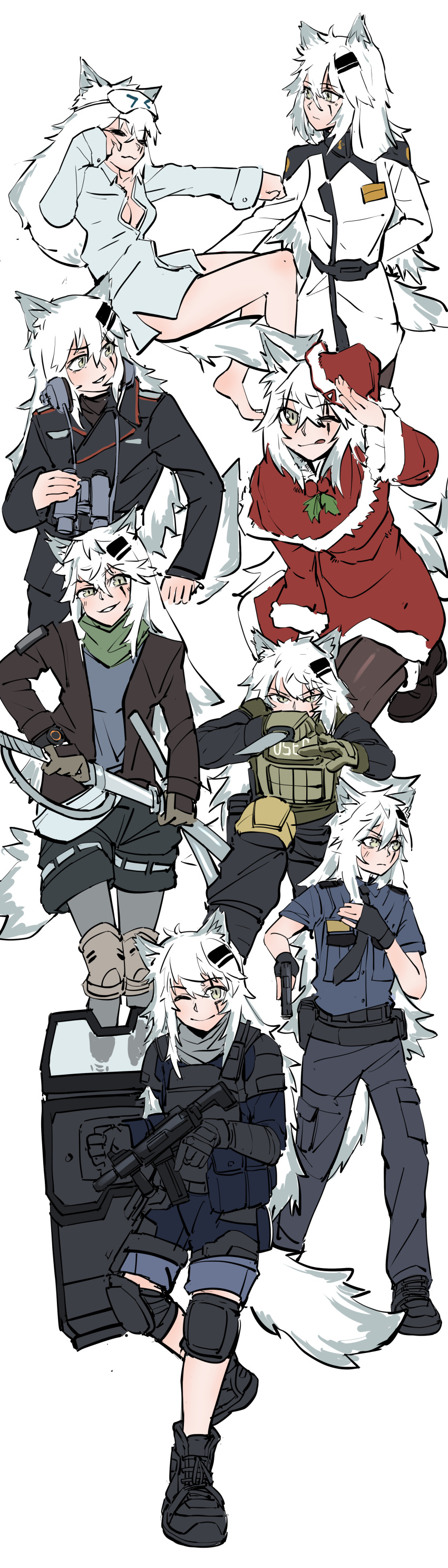 1girl absurdres animal_ears arknights boots feet hat highres lappland_(arknights) long_hair multiple_views police police_uniform rawlelappland santa_costume santa_hat scar scar_across_eye scar_on_face smile sword tail uniform weapon white_hair wolf_ears wolf_girl wolf_tail