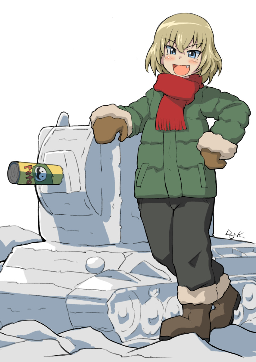 1girl artist_name bangs black_pants blonde_hair blue_eyes bob_cut boots brown_footwear brown_mittens casual coat crossed_ankles eyebrows_visible_through_hair fang fringe_trim girls_und_panzer green_coat ground_vehicle hand_on_hip highres katyusha_(girls_und_panzer) kuroneko_douji kv-2 looking_at_viewer military military_vehicle motor_vehicle open_mouth pants pringles_can red_scarf scarf short_hair signature simple_background smile snow snow_sculpture solo standing tank white_background winter_clothes
