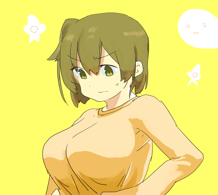 1girl absurdres alternate_costume breasts brown_hair casual commentary eyebrows_visible_through_hair green_eyes hair_between_eyes highres hiryuu_(kancolle) kantai_collection large_breasts long_sleeves looking_down madmag1990 one_side_up shirt short_hair simple_background solo upper_body yellow_background yellow_shirt