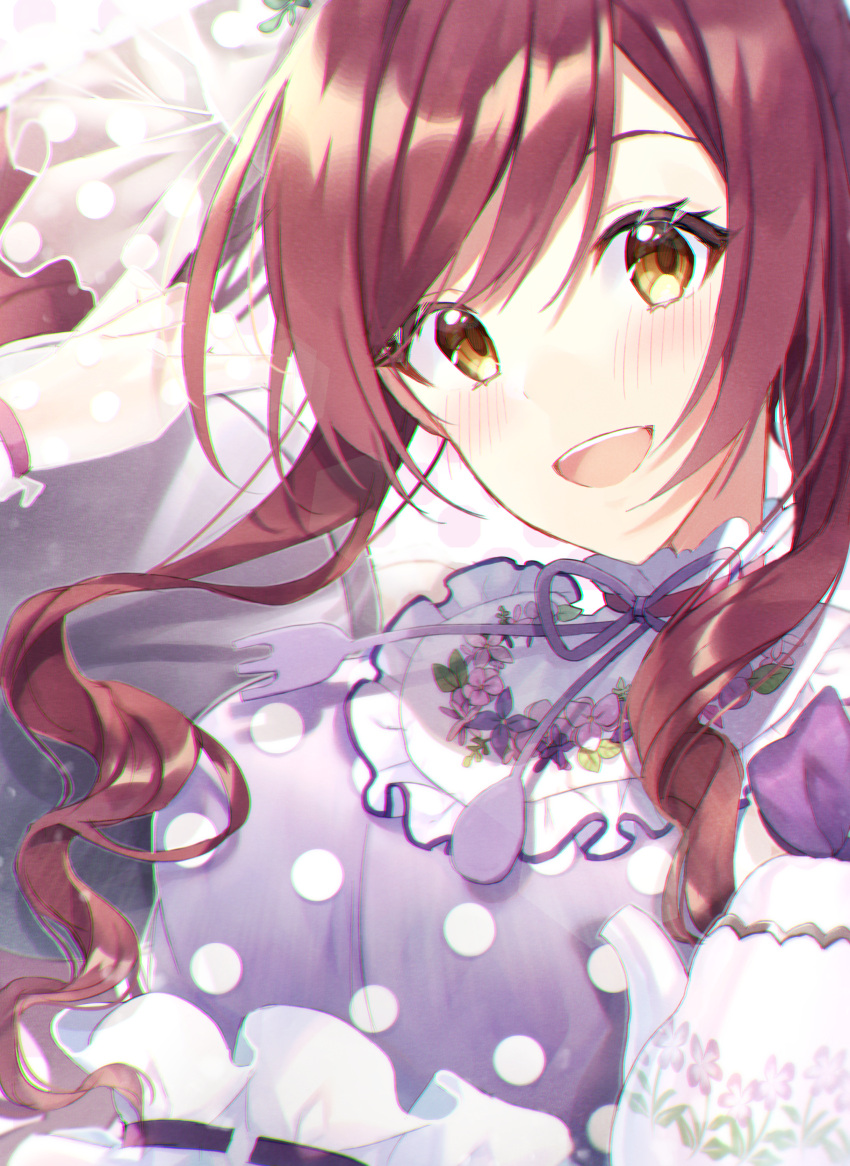 1girl absurdres bangs blush breasts brown_hair chobo_ume commentary_request curly_hair dress eyebrows_visible_through_hair frilled_dress frills gloves hair_between_eyes hair_ornament highres idolmaster idolmaster_shiny_colors long_hair looking_at_viewer maid medium_breasts open_mouth osaki_amana patterned_clothing polka_dot polka_dot_dress purple_dress smile solo teapot upper_body yellow_eyes