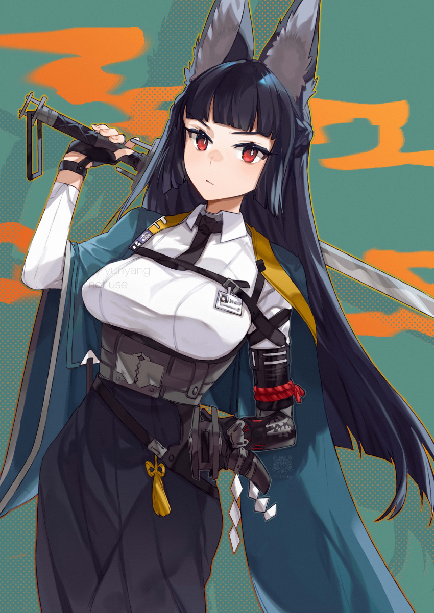 1girl absurdres animal_ear_fluff animal_ears bangs black_gloves black_hair black_necktie blunt_bangs breasts cape character_request closed_mouth datyun english_commentary fingerless_gloves gloves highres holding holding_sword holding_weapon id_card long_hair looking_at_viewer necktie red_eyes shirt simple_background solo sword tassel very_long_hair watermark weapon white_shirt zenless_zone_zero zzz