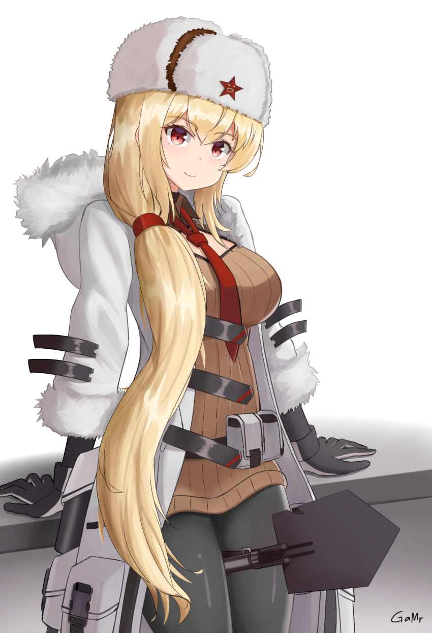 1girl arms_behind_back artist_name bangs belt_bag black_gloves black_legwear blonde_hair blush breasts brown_sweater closed_mouth coat cosplay english_commentary eyebrows_visible_through_hair feet_out_of_frame fur-trimmed_coat fur-trimmed_sleeves fur_trim gamryous girls_frontline gloves hat hat_ornament highres long_hair long_sleeves looking_at_viewer medium_breasts mod3_(girls'_frontline) mosin-nagant_(girls'_frontline) mosin-nagant_(girls'_frontline)_(cosplay) necktie open_clothes open_coat pantyhose papakha red_eyes red_necktie red_star shovel smile solo standing star_(symbol) star_hat_ornament sv-98_(girls'_frontline) sweater white_background white_coat white_headwear