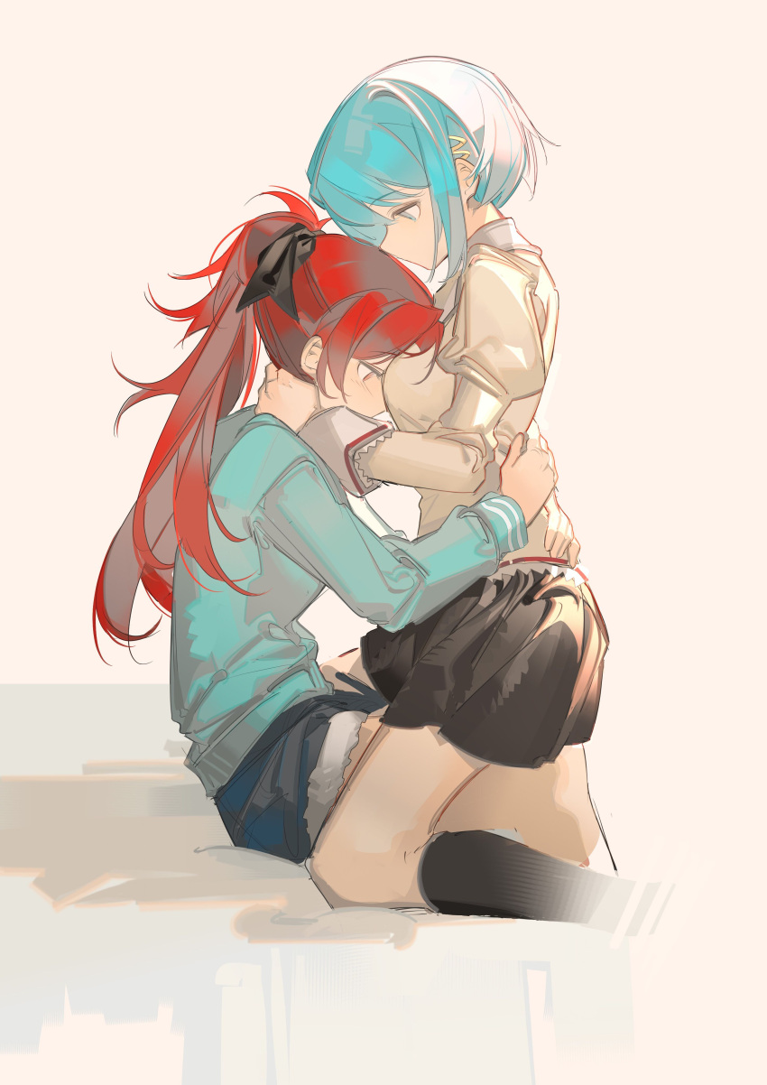 2girls absurdres black_legwear black_skirt blue_hair blue_jacket blue_shorts bow chinese_commentary commentary_request cropped_legs denim denim_shorts from_side grey_background hair_bow half-closed_eyes hand_on_another's_neck hands_on_another's_back head_on_chest high_ponytail highres hug jacket kneehighs light_blush long_hair long_sleeves looking_at_another mahou_shoujo_madoka_magica miki_sayaka multiple_girls profile red_eyes redhead rin_lingsong sakura_kyouko school_uniform short_hair shorts simple_background sitting skirt