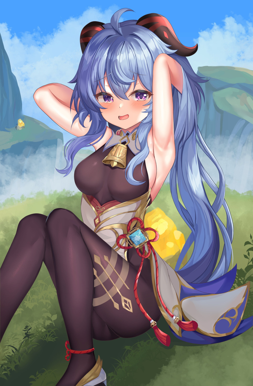 1girl absurdres adjusting_hair ahoge armpits arms_up bangs bell best010409 black_legwear blue_hair blush breasts chinese_knot eyebrows_visible_through_hair feet_out_of_frame flower_knot ganyu_(genshin_impact) genshin_impact gold_trim high_heels highres horns knees_up long_hair looking_at_viewer medium_breasts neck_bell open_mouth outdoors sideboob sidelocks sitting skindentation smile solo tassel thighlet thighs violet_eyes vision_(genshin_impact)