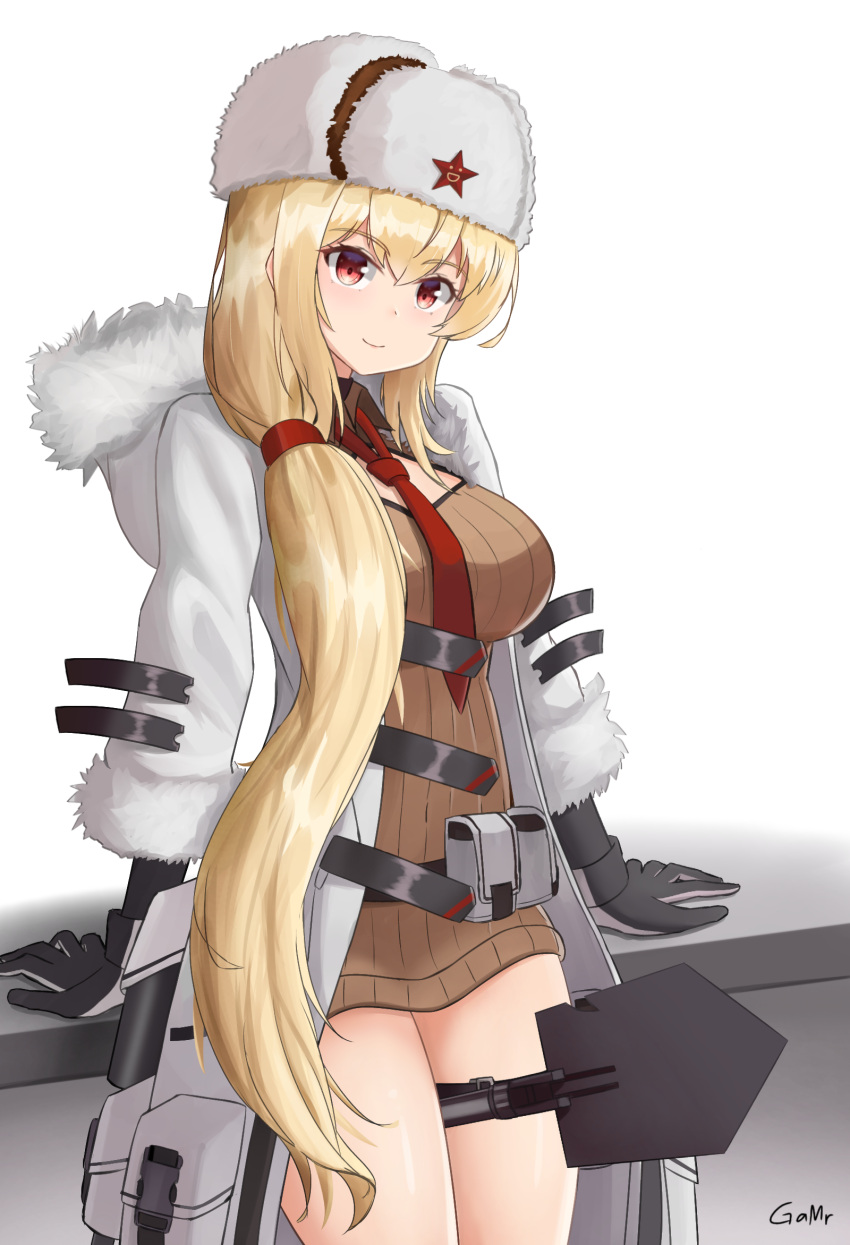 1girl arms_behind_back artist_name bangs belt_bag black_gloves blonde_hair blush breasts brown_sweater closed_mouth coat cosplay english_commentary eyebrows_visible_through_hair feet_out_of_frame fur-trimmed_coat fur-trimmed_sleeves fur_trim gamryous girls_frontline gloves hat hat_ornament highres long_hair long_sleeves looking_at_viewer medium_breasts mod3_(girls'_frontline) mosin-nagant_(girls'_frontline) mosin-nagant_(girls'_frontline)_(cosplay) necktie open_clothes open_coat papakha red_eyes red_necktie red_star shovel smile solo standing star_(symbol) star_hat_ornament sv-98_(girls'_frontline) sweater white_background white_coat white_headwear