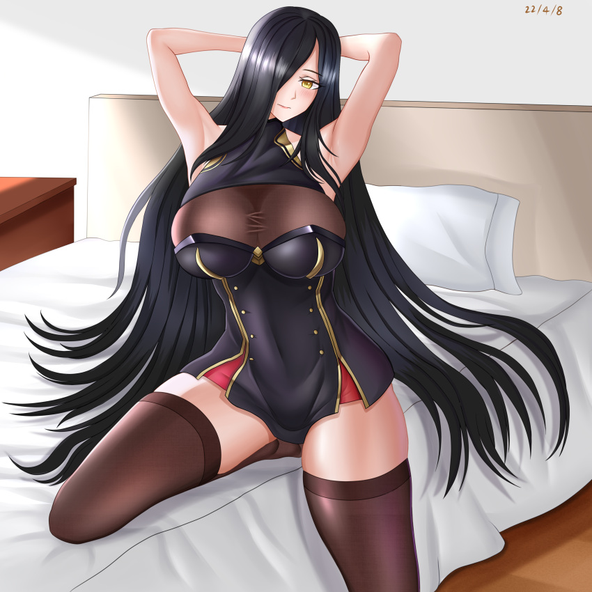 1girl absurdres armpits azur_lane black_dress breasts brown_legwear buttons dated double-breasted dress friedrich_der_grosse_(azur_lane) gold_trim hair_over_one_eye highres indoors large_breasts long_hair looking_at_viewer microdress on_bed sleeveless solo thigh-highs thighs very_long_hair yellow_eyes zhangdage