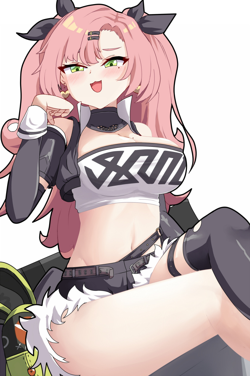 1girl :3 :d bangs bare_shoulders black_jacket black_legwear black_ribbon black_shorts blush breasts commentary cropped_jacket cutoffs detached_collar feet_out_of_frame green_eyes hair_ornament hair_ribbon hairclip hand_up highres jacket large_breasts looking_at_viewer midriff mmliku mole mole_on_breast mole_under_eye navel nicole_demara open_clothes open_jacket open_mouth pink_hair ribbon short_shorts shorts simple_background sitting smile solo stomach strapless thigh-highs thighs tube_top two_side_up white_background zenless_zone_zero