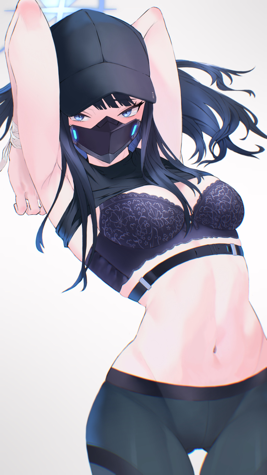 1girl absurdres armpits arms_up bangs baseball_cap belt black_hair black_tank_top blue_archive blue_eyes blue_hair bra buckle clothes_lift eyebrows_visible_through_hair floral_print green_legwear hat highres kazane-wind lace lace_bra lace_trim long_hair looking_at_viewer mask midriff multicolored_hair navel pantyhose purple_bra saori_(blue_archive) shirt_lift simple_background sleeveless solo tank_top two-tone_hair underwear white_background