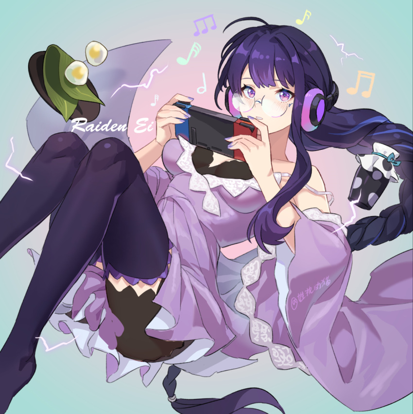 1girl alternate_costume bangs bespectacled blush bottle braid breasts character_name dress food genshin_impact glasses handheld_game_console holding honlo long_hair medium_breasts musical_note nail_polish nintendo_switch off_shoulder parted_lips purple_dress purple_hair purple_legwear purple_nails raiden_shogun simple_background single_braid solo thigh-highs very_long_hair violet_eyes wide_sleeves