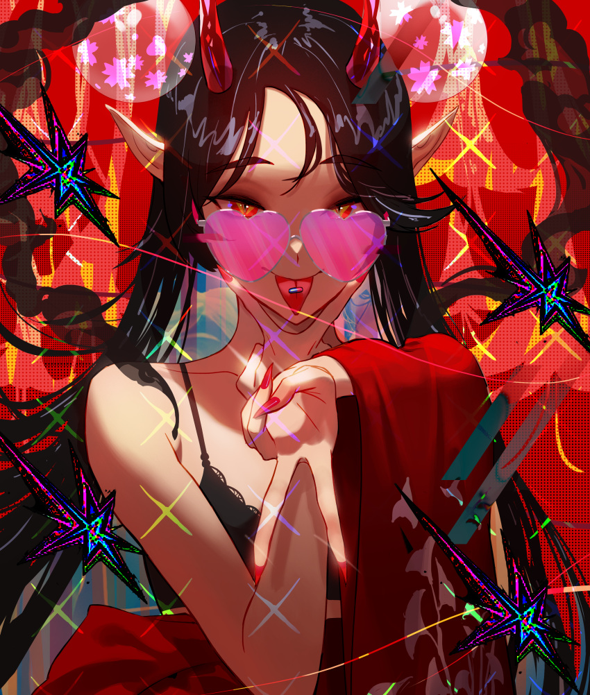 absurdres black_bra black_hair bra breasts collarbone english_commentary eyebrows_visible_through_hair floral_print heart heart-shaped_eyewear highres horns japanese_clothes kimono long_hair oni_horns orange_eyes original outstretched_arm pill_on_tongue pointy_ears red_horns red_kimono single_bare_shoulder slit_pupils small_breasts sunglasses tongue tongue_out underwear upper_body v very_long_hair wide_sleeves wonbin_lee