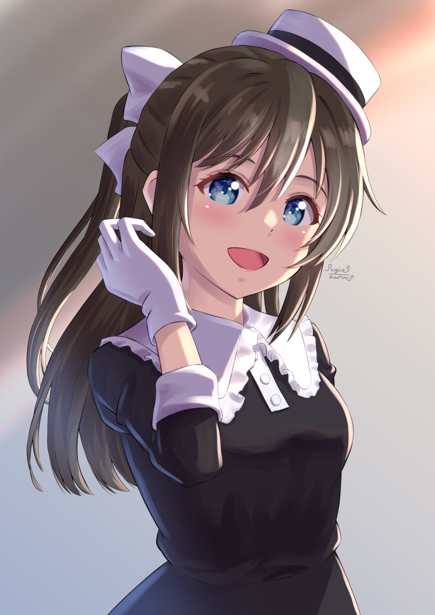1girl :d bangs black_dress blue_eyes blurry blurry_background boater_hat brown_hair commentary dress eyebrows_visible_through_hair gloves grey_background hair_between_eyes hair_tucking half_updo hand_up hat highres long_hair looking_at_viewer love_live! love_live!_nijigasaki_high_school_idol_club mini_hat open_mouth ousaka_shizuku sidelighting sleeves_rolled_up smile solo sugi_(sugi03aurus) two-tone_background upper_body white_gloves white_headwear