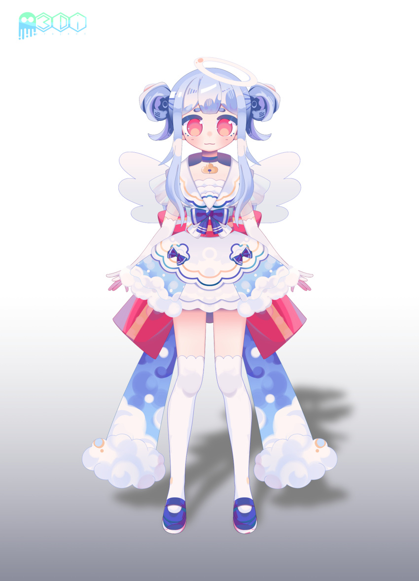 1girl 3di_project :3 angel bangs blue_footwear blue_hair choker closed_mouth double_bun full_body gradient gradient_background halo highres logo otto_mareo shadow shoes short_eyebrows solo thien_(sky)_(3di) virtual_youtuber white_legwear wings