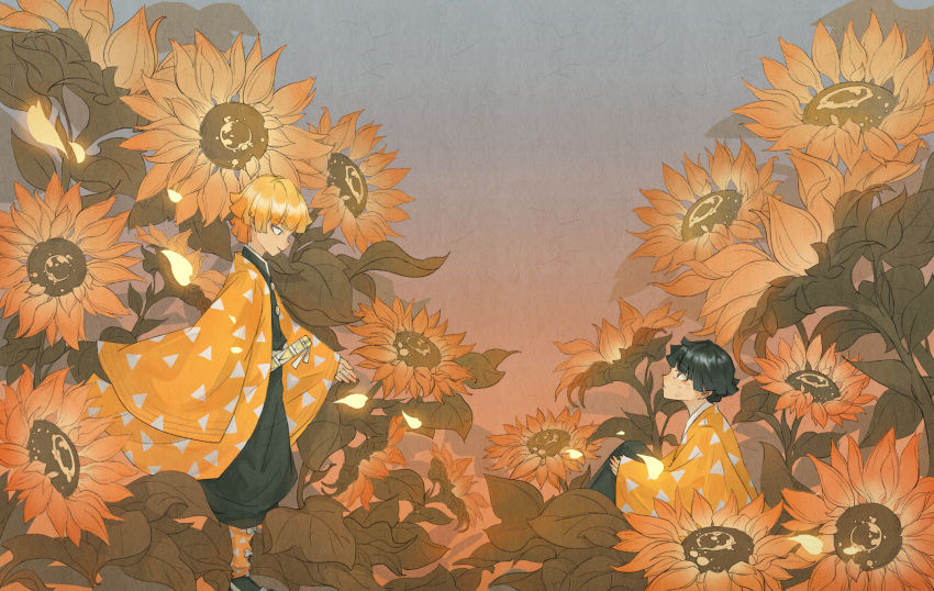 2boys agatsuma_zenitsu bags_under_eyes bangs beckoning black_hair blonde_hair coat commentary_request demon_slayer_uniform dirty dirty_face dual_persona field flower flower_field from_side gradient_sky haori highres japanese_clothes kimetsu_no_yaiba knees_up long_sleeves looking_at_another looking_away looking_down looking_up male_focus multiple_boys nature outdoors outstretched_arm pants profile reaching shin_guards short_hair sitting sky smile standing su_an sword tabi time_paradox triangle_print weapon wide_sleeves yellow_coat yellow_theme