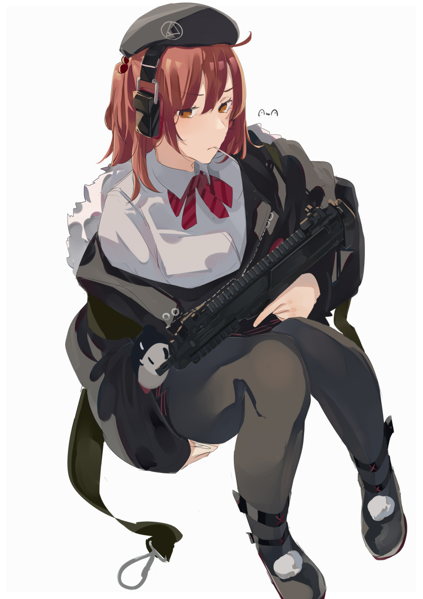 1girl artist_name bangs beret black_jacket black_legwear bow bowtie candy closed_mouth commentary english_commentary eyebrows_visible_through_hair food full_body fur-trimmed_jacket fur_trim girls_frontline gun h&amp;k_mp7 hair_ornament hairclip hand_on_floor hat headset highres holding holding_gun holding_weapon jacket lollipop long_hair looking_at_viewer mp7_(girls'_frontline) on_floor open_clothes open_jacket orange_eyes pantyhose red_bow red_bowtie redhead shirt solo submachine_gun sutekina_awa weapon white_background white_shirt