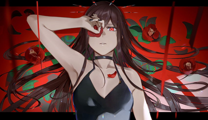 1girl absurdres armpits bare_shoulders black_dress black_hair black_nails breasts choker dress flower highres hoshi_rasuku long_hair original parted_lips red_eyes sleeveless sleeveless_dress solo