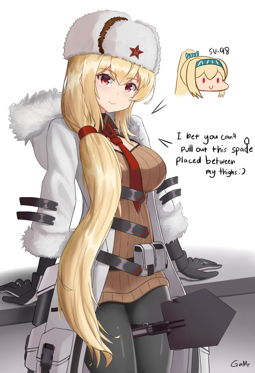 1girl arms_behind_back artist_name bangs belt_bag black_gloves black_legwear blonde_hair blush breasts brown_sweater closed_mouth coat cosplay english_commentary english_text eyebrows_visible_through_hair feet_out_of_frame fur-trimmed_coat fur-trimmed_sleeves fur_trim gamryous girls_frontline gloves hat hat_ornament highres long_hair long_sleeves looking_at_viewer medium_breasts mod3_(girls'_frontline) mosin-nagant_(girls'_frontline) mosin-nagant_(girls'_frontline)_(cosplay) necktie open_clothes open_coat pantyhose papakha red_eyes red_necktie red_star shovel smile solo standing star_(symbol) star_hat_ornament sv-98_(girls'_frontline) sweater white_background white_coat white_headwear