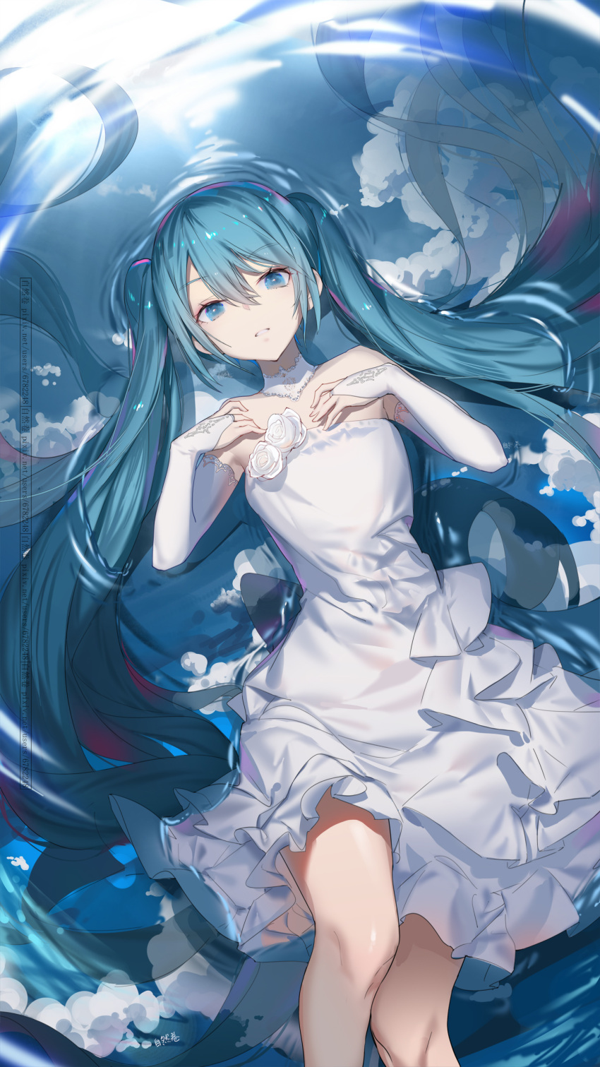 1girl absurdres bangs blue_eyes blue_hair bridal_gauntlets choker clouds dress elbow_gloves eyebrows_visible_through_hair floating_hair flower frills gloves hands_on_own_chest highres in_water knees_up layered_dress long_hair looking_at_viewer lying on_back parted_lips partially_submerged reflection reflective_water ripples rose signature sleeveless sleeveless_dress solo strapless strapless_dress thick_eyebrows twintails very_long_hair vocaloid web_address ziran_juan