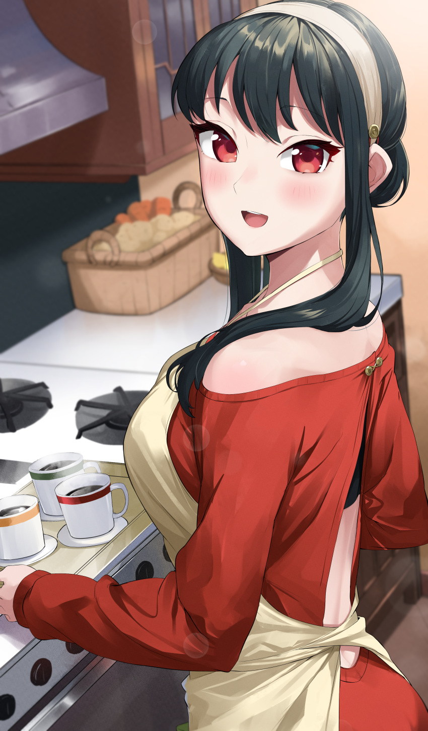 1girl :d absurdres apron back_cutout bangs black_hair blush breasts clothing_cutout coffee cup from_side hair_bun hairband highres holding holding_tray kitchen large_breasts lens_flare long_hair looking_at_viewer mug off-shoulder_sweater off_shoulder open_mouth red_eyes red_sweater sidelocks smile solo spy_x_family steam stove sweater teeth totoki86 tray upper_body upper_teeth white_hairband yor_briar